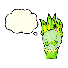 cartoon spooky skull cupcake with thought bubble