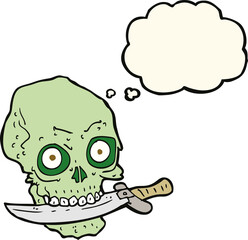 cartoon pirate skull with knife in teeth with thought bubble