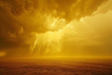 After the violent storm, the sky transformed into a breathtaking canvas of yellow, with shades ranging from rich mustard to soft pastels, marking a rare and stunning atmospheric spectacle. - obrazy, fototapety, plakaty