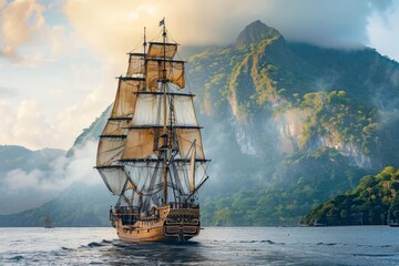 The pirate ship, feared by many, was known for its swift attacks and ability to outrun the Royal Navy. - obrazy, fototapety, plakaty