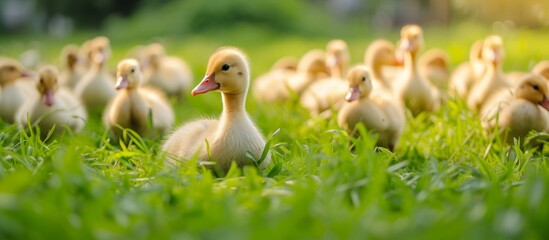 Serene group of ducks enjoying the sunny day in lush green grass field - Powered by Adobe