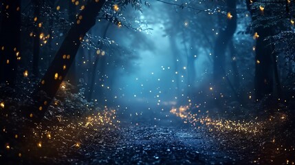 Mystical night in the woods, fireflies glowing like stars, casting a spell of beauty and awe. - obrazy, fototapety, plakaty
