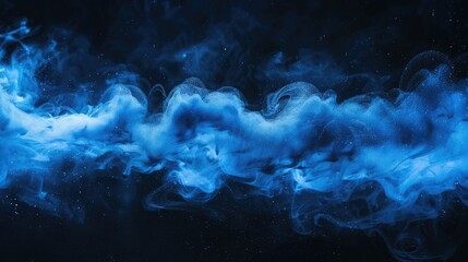 Ink water. Mist floating. Acrylic paint splash. Blue color glowing glitter fog wave on black...