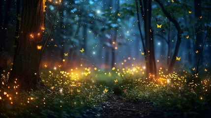 Foto auf Leinwand Mystical night in the woods, fireflies glowing like stars, casting a spell of beauty and awe. © tonstock