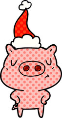 comic book style illustration of a content pig wearing santa hat