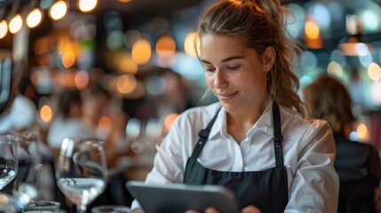 Two waitresses at a diner consult a tablet for menu options, utilizing technology to enhance their service.