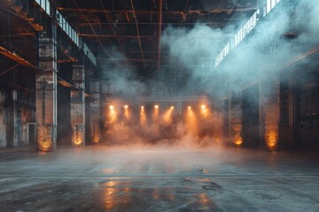 Fototapeta premium Dimly lit by colored spotlights, the underground venue's grunge vibe is enhanced by the fog-filled air and gritty concrete underfoot.