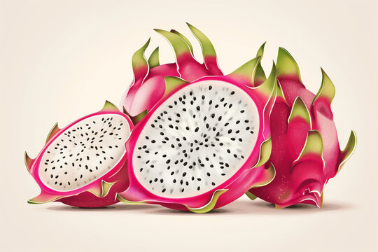 Red dragon fruit, whole and half fruit. Tropical fruits for a healthy lifestyle. Generative Ai