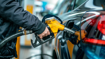 close-up of a man pumping gasoline fuel in car at gas station. - obrazy, fototapety, plakaty