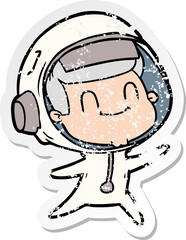 distressed sticker of a happy cartoon astronaut