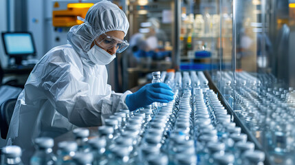 A laboratory assistant in a protective suit examines glass vials for vaccines. Medical glass vials. Close-up. Quality control - obrazy, fototapety, plakaty