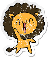 distressed sticker of a happy cartoon lion