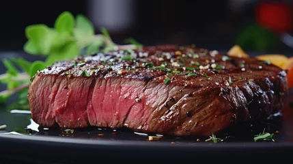  Rare beef steak on wooden plate © GechAI