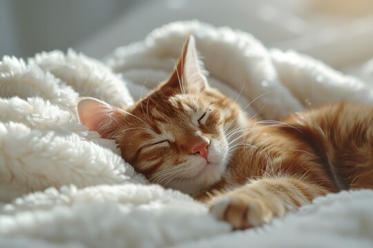 Adorable feline pair snuggle close on plush bedding, embracing the spirit of love on Valentine's Day.