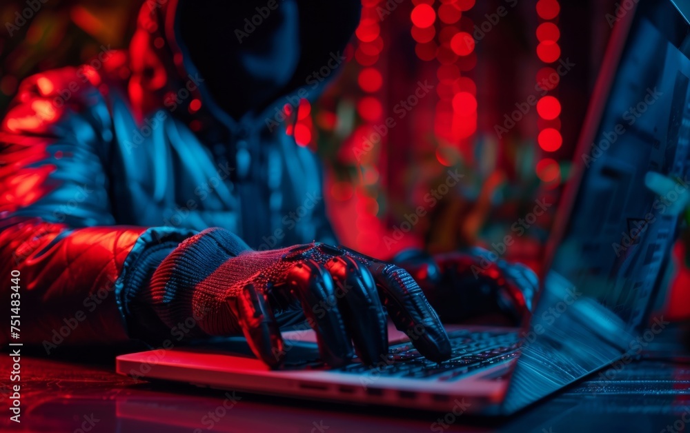 Poster man uses laptop at night to hack into secure data, risking office security.