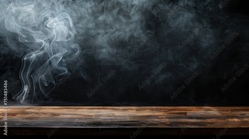Poster on a black background, an empty wooden table with smoke floats up. empty space for displaying your p
