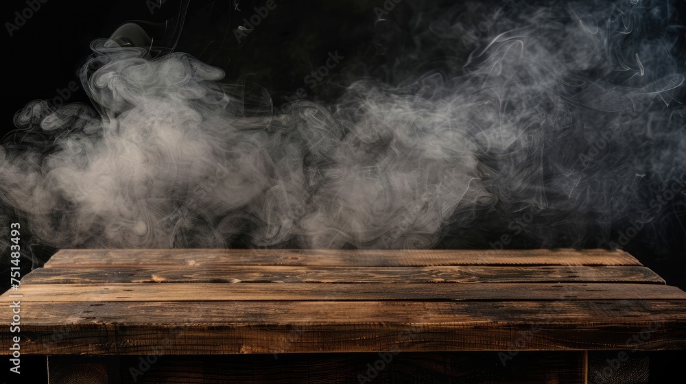 Poster on a black background, an empty wooden table with smoke floats up. empty space for displaying your p