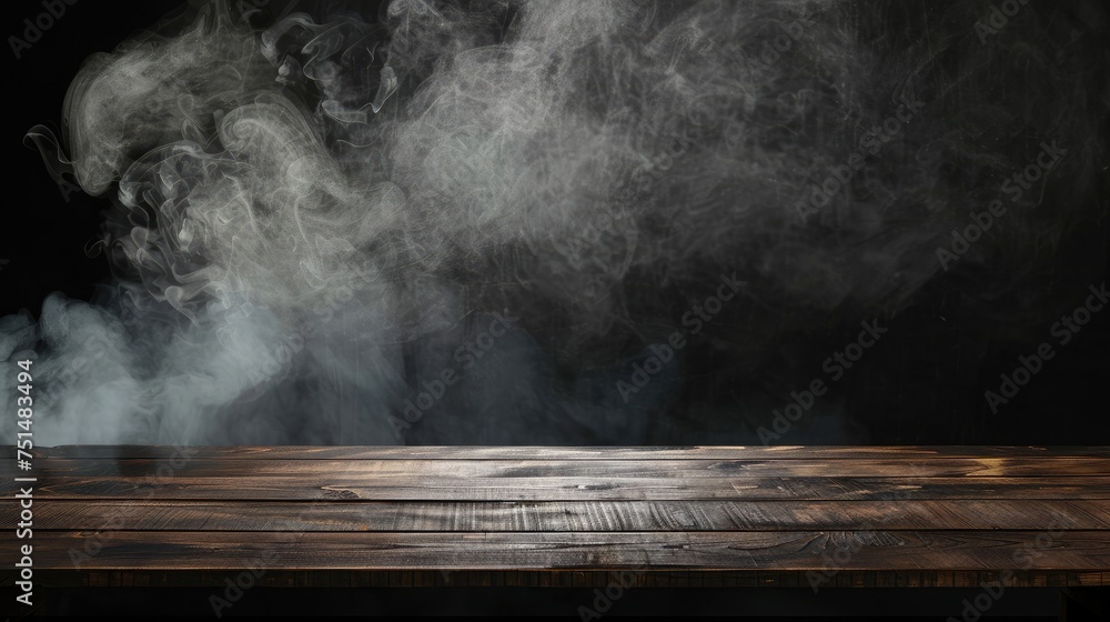 Poster on a black background, an empty wooden table with smoke floats up. empty space for displaying your p