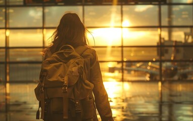 Woman traveler strolls through airport at dusk, backpack in tow, ready for her next adventure.