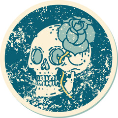 distressed sticker tattoo style icon of a skull and rose