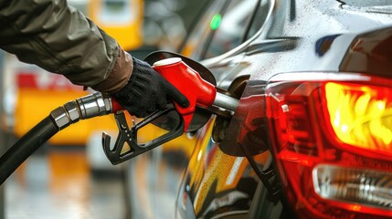 Pumping gas at gas pump. Closeup of man pumping gasoline fuel in car at gas station.