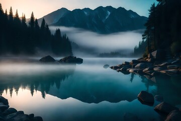 A mist-covered lake at dawn, with the tranquil surface reflecting the surrounding mountains.