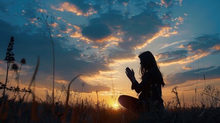 Silhouette of woman kneeling down praying for worship God at sky background. Christians pray to jesus christ for calmness. In morning people got to a quiet place and prayed. copy space