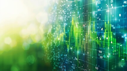 Abstract financial growth depicted with rising arrows and data visualization of markets in green and blue on white background.