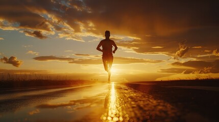 Fototapeta na wymiar Silhouette of young man running sprinting on road. Fit runner fitness runner during outdoor workout with sunset background