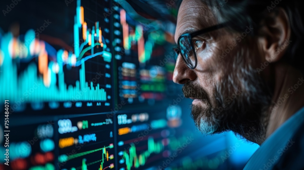 Poster a financial expert intently studies stock market trends on multiple screens, deciphering patterns an