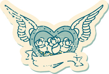 distressed sticker tattoo style icon of a flying heart with flowers and banner