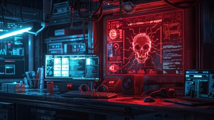 A hacker's lair, lit only by the glow of a monitor displaying lines of blue code and a flashing red virus alert, surrounded by cyber security icons.