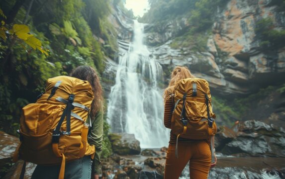 .Female explorers trek through lush rainforest to discover a secret waterfall, immersing themselves in the beauty of the mountains.