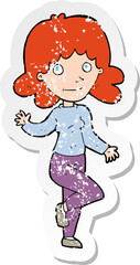 retro distressed sticker of a cartoon friendly woman waving