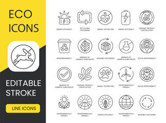 Eco Icons Set Line Vector with Editable Stroke, Environmentally Friendly and Recyclable Packaging, Absence of Harmful Substances and Environmentally Friendly, Energy Efficiency and Organic Product