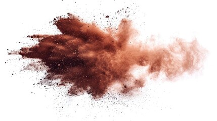 Brown powder dust cloud.Brown particles splattered on white background.