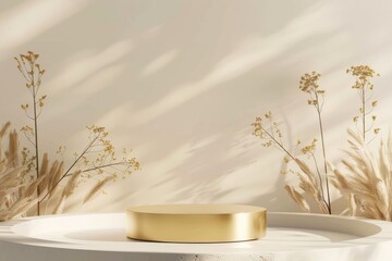 white marble Podium stand studio room luxury gold color background 3d pedestal platform background....
