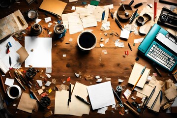 V A top-down perspective of a cluttered wooden desk, its surface adorned with scattered papers and pens.