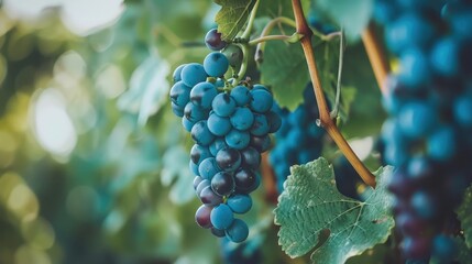 Close-up of a blue grape hanging in a vineyard, wide shot