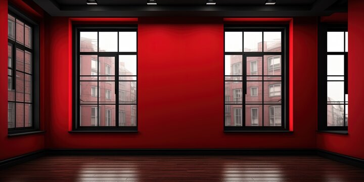 Red room with black window frames and white funaces. A vacant tenant space for small office, restaurants, and bars. wide format.