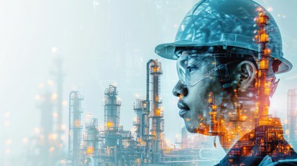 Double exposure of Engineer with safety helmet with oil refinery industry plant background