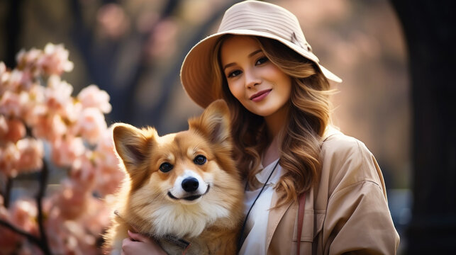 Photo of a beautiful English aristocratic woman in an amazing hat walking a corgi in a spring park. Generative AI