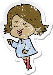 distressed sticker of a cartoon girl pulling face