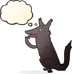 cartoon wolf licking paw with thought bubble
