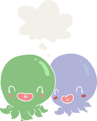 two cartoon octopi  and thought bubble in retro style