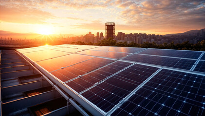 A solar panel system is installed on the rooftop of a commercial building, - obrazy, fototapety, plakaty