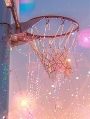 A basketball net and hoop are embellished with sparkling glitter, blending sport with a touch of magic and glamour