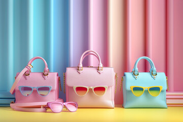 Beautiful 3d pastel color bags and sunglasses. Generative Ai