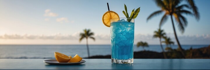 Blue Hawaiian or Blue Lagoon - summer alcoholic cocktail with vodka, liqueur, tonic, pineapple juice and ice, in high Hurricane glass, selective focus