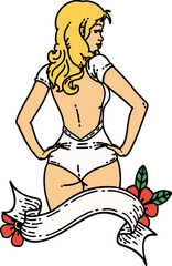 traditional tattoo of a pinup swim suit girl with banner